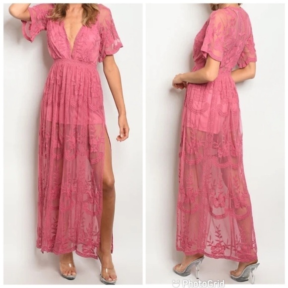Honey Punch Dresses & Skirts - Honey Punch Pink Lace Maxi Romper Dress Sheer Floral Overlay S NWT